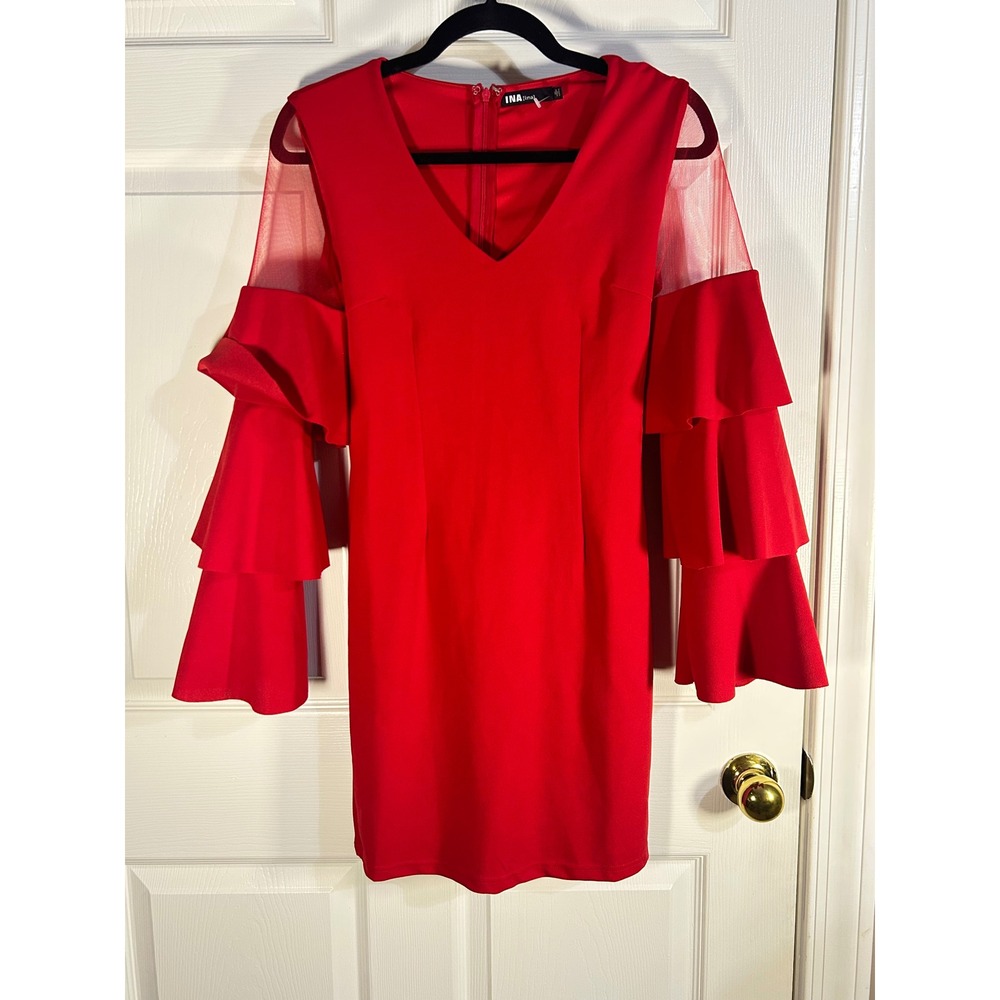 INA Red Sheer Mesh Ruffle Sleeve V Neck‎ Mini Dress Size S